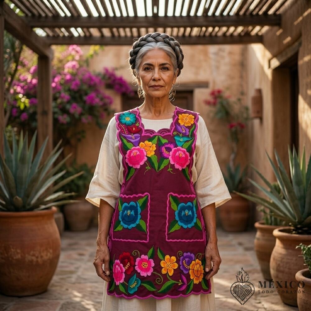 Wine Mexican Embroidered Apron Essential Cotton Kitchen Floral fits  S and M